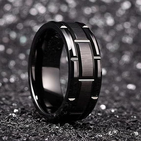 Men's 8mm Tungsten Black Grooved Bushed Brick Pattern Comfort-Fit Wedding Band